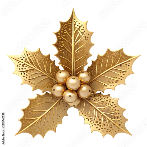 Golden Holly Leaf Ornament: An exquisite golden holly leaf ornament, symbolizing festive cheer and holiday spirit, adorns a surface with its intricate design and lustrous sheen.