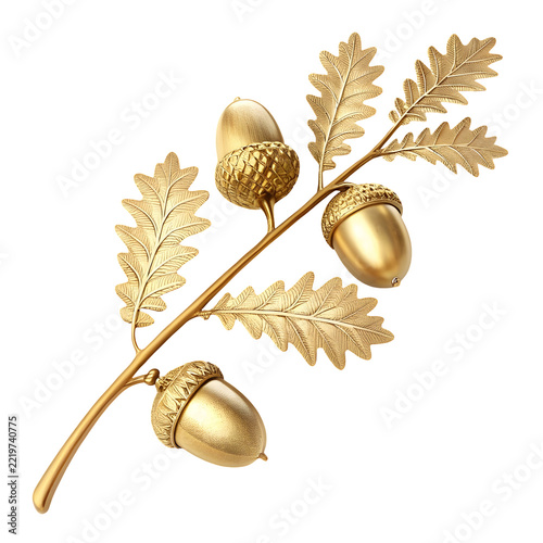 Golden Acorn Branch: A regal golden branch adorned with acorns and oak leaves, symbolizing growth, wisdom, and enduring strength, presented against a clean background.