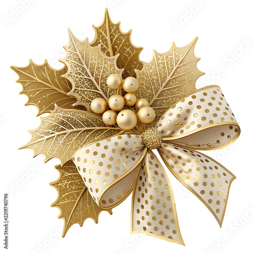 Golden Holly Decoration with Bow: An elegant golden holly arrangement, featuring intricate leaves and berries, adorned with a festive bow, perfect for Christmas and holiday embellishments.