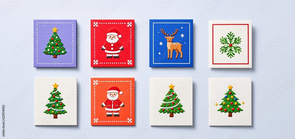 Fototapeta premium Holiday greeting card collection with cheerful seasonal illustrations for sharing warmth and joy with family and friends.