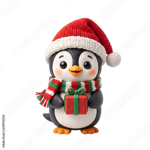 Cute penguin wearing a Santa hat and holding a gift box  