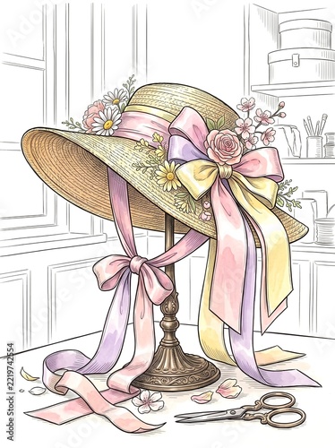 Straw hat adorned with ribbons and flowers on a crafting table  