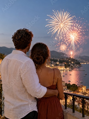 Couple Embracing on a Balcony While Watching Fireworks Above a Bay
