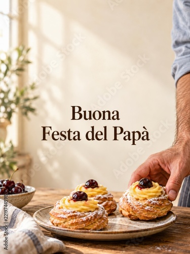 Cream Filled Pastries and Cherries Beneath a Centered Fathers Day Greeting