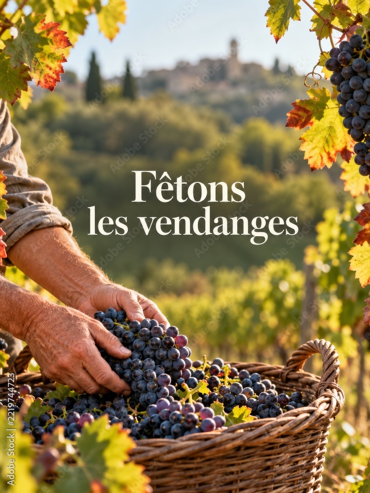 Fototapeta premium French grape harvest greeting with a wicker basket and autumn leaves