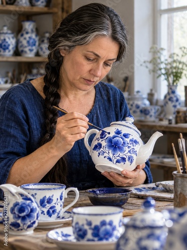 Artisan painting cobalt blue flowers on a white ceramic teapot by a window