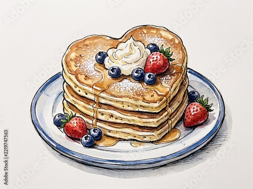 Heart-shaped pancakes with berries and whipped cream on a plate  
