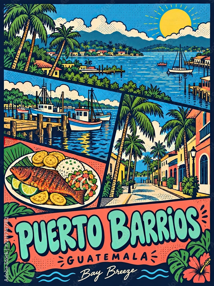 Fototapeta premium Puerto Barrios Bay Breeze travel poster featuring a sunny harbor, sailboats, palm-lined streets, local seafood, and Guatemala lettering.