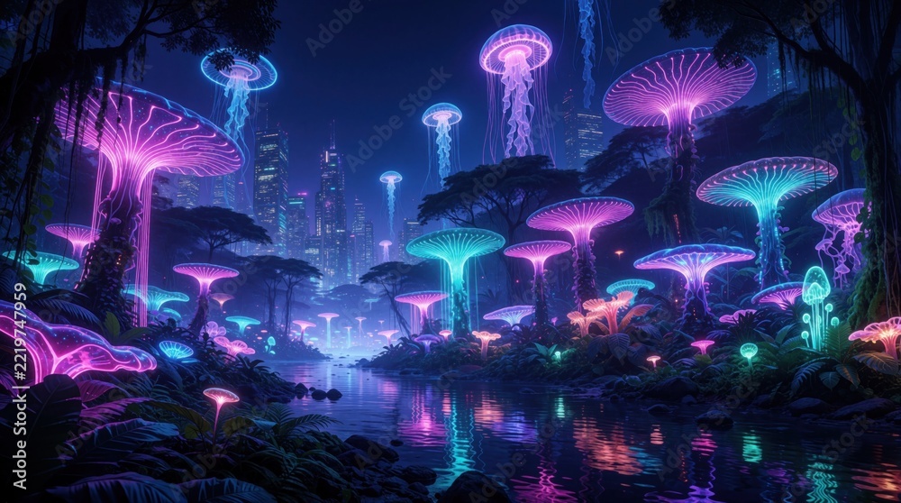 Fototapeta premium Futuristic glowing mushrooms grow in dark jungle near neon city skyline. Giant bioluminescent fungi light up night landscape with pink, blue colors. Sci-fi alien forest meets cyberpunk urban