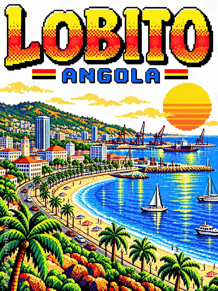 Fototapeta premium Retro pixel art travel poster for Lobito, Angola, featuring a tropical bay, palm-lined beach, sailboats, harbor, and sunset.