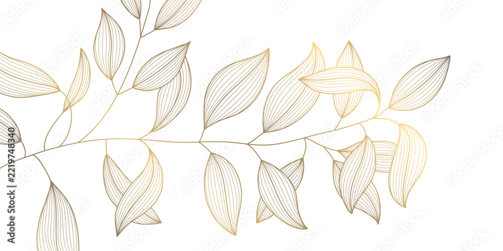 Naklejka premium Luxury gold floral pattern with elegant golden line leaves, flowers, Art Deco ornament. Nouveau fancy wallpaper, abstract background, graphic design, botanical print, japanese design.