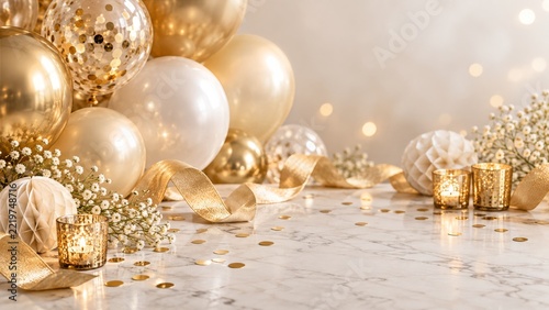 Cream and Gold Celebration Decorations on a Candlelit Marble Table