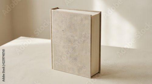 A minimalist book mockup featuring a standing hardcover book on a clean surface with soft natural lighting for design presentation