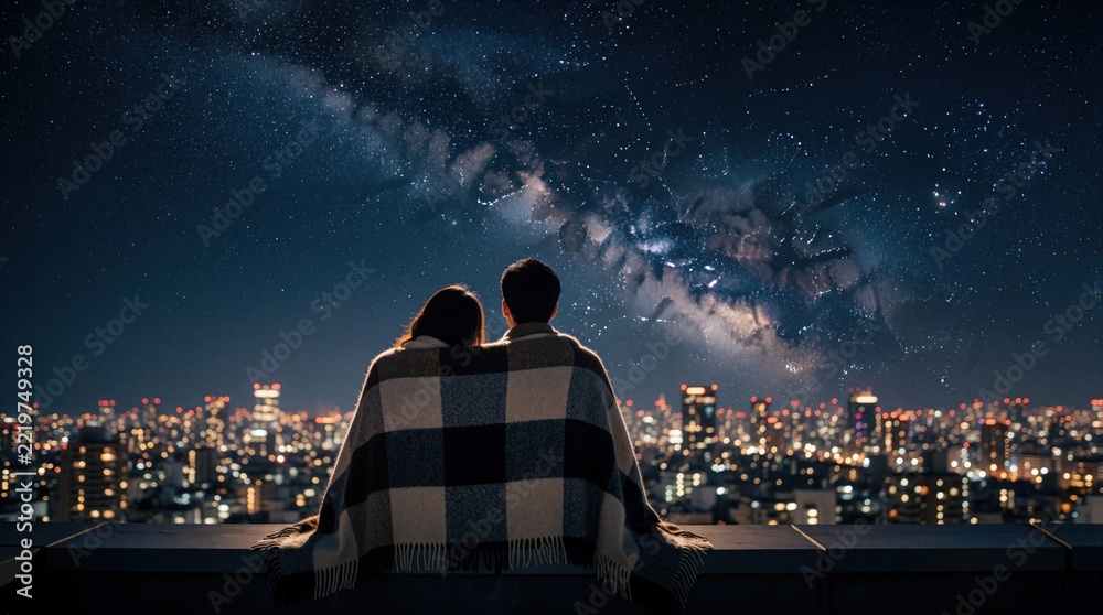 Fototapeta premium Romantic couple sits under starry Milky Way galaxy sky at night. Man, woman wrapped in plaid blanket watch bright city skyline from rooftop. Silhouetted lovers enjoy peaceful evening view with urban