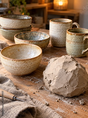 Speckled finished stoneware bowls and mugs beside a lump of raw clay
