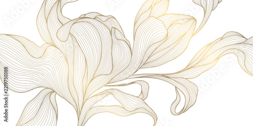 Luxury gold floral pattern with elegant golden line leaves, flowers, Art Deco ornament. Nouveau fancy wallpaper, abstract background, graphic design, botanical print, japanese design.