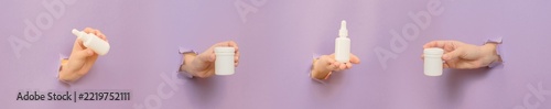 Hands emerging from paper holding various medicine bottles