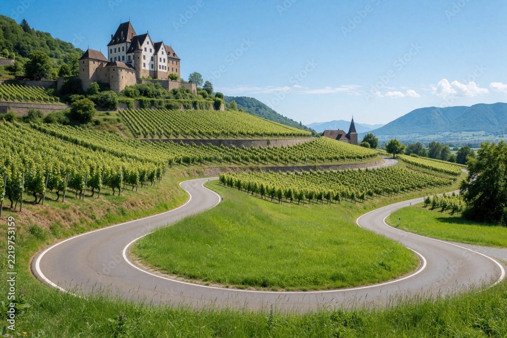 Naklejka premium Ancient castle sits on green hill above vineyards. Winding asphalt road curves through grape fields in scenic countryside. European landscape features historic estate architecture under bright blue