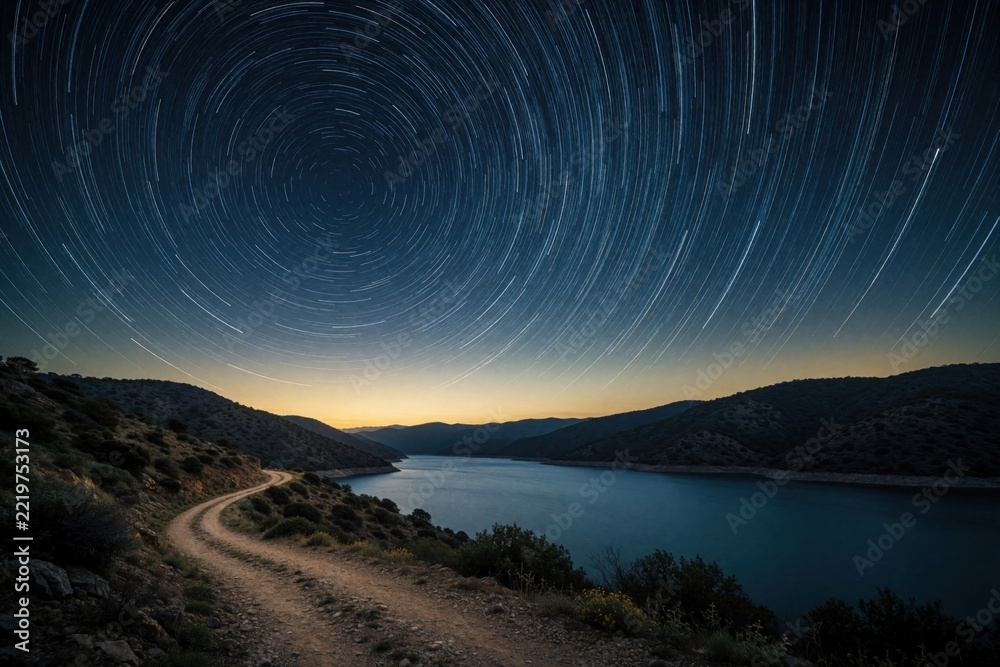 Fototapeta premium Star trails rotate over dark reservoir lake at night. Long exposure shows cosmic light paths across sky above mountains, winding dirt road. Beautiful landscape view of nature under starry heavens