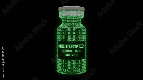 Vaccine research concept with digital bioinformatics data analysis displayed on futuristic vial glowing in green light on black background