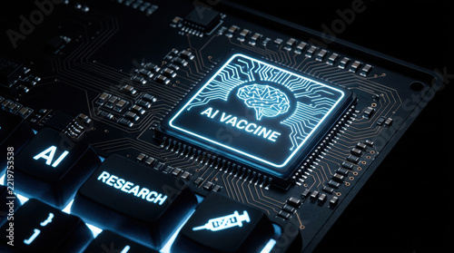 AI vaccine research technology circuit microchip innovation digital futuristic computer electronic data science artificial brain chip hardware