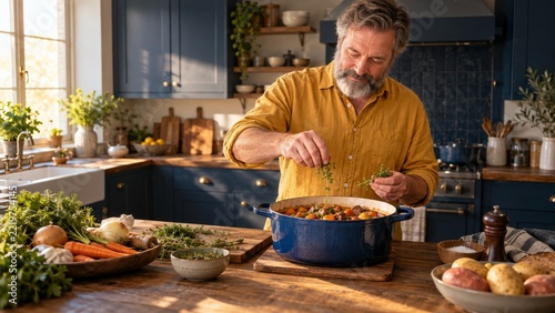 Bearded home cook adding herbs to a seasonal stew in a blue country kitchen