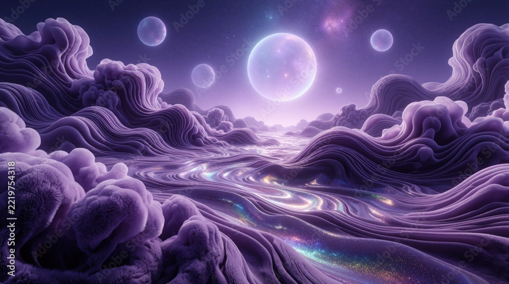 Fototapeta premium Surreal purple landscape with wavy clouds, glowing planets in deep space. Abstract fantasy dream scene features cosmic mountains, mystical glowing light. Vibrant violet texture creates ethereal