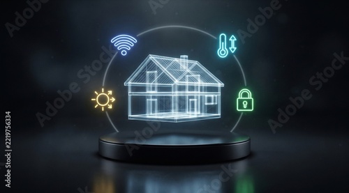 Smart home automation concept with glowing house wireframe and
