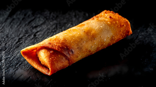 Spring roll lies diagonally on a dark slate board showcasing its flaky golden brown wrapper and savory filling.