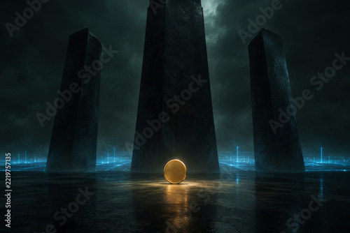 Three towering black monoliths loom in a stormy teal night, framing a glowing amber orb on a rain-slick reflective floor, while electric-blue grid lines create a mysterious sci-fi mood.