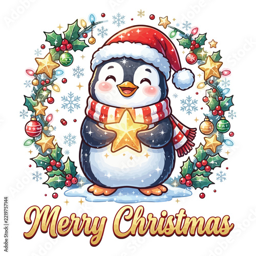 Cute cartoon penguin wearing a santa hat and scarf holding a golden star for merry christmas celebration