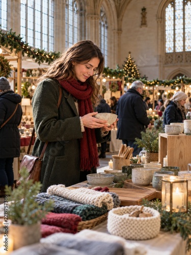 Woman examining a ceramic bowl at a craft fair in a historic hall