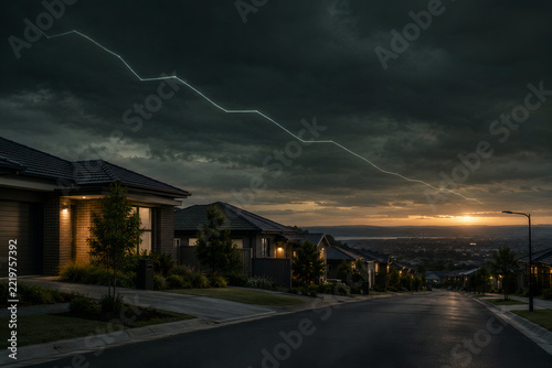 A quiet suburban street descends between modern homes beneath dark storm clouds, with a jagged lightning bolt overhead and a warm amber sunset glowing on the horizon.