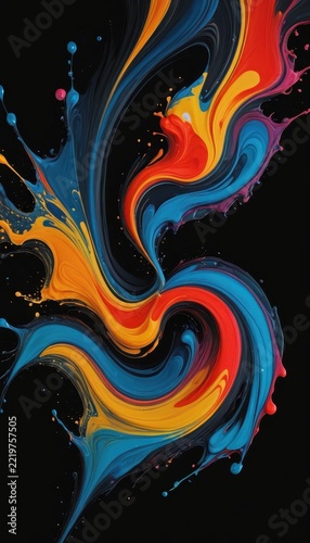 Vibrant Abstract Paint Splash in Dynamic Swirling Patterns on Black Background