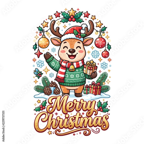 Cute cartoon reindeer wearing a winter sweater and santa hat celebrating a joyful merry christmas holiday season