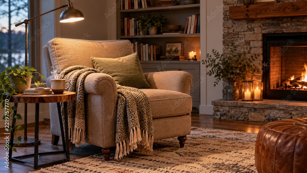 Naklejka premium Comfortable reading chair with coffee beside a warmly glowing fireplace