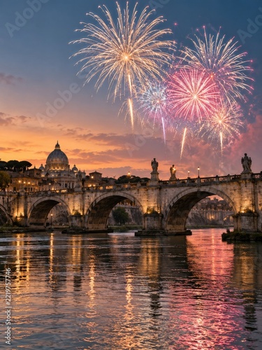 Golden and Pink Fireworks Above a Historic Arched Bridge at Twilight