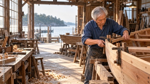 Experienced Boatbuilder Fitting a Wooden Plank in a Waterfront Workshop