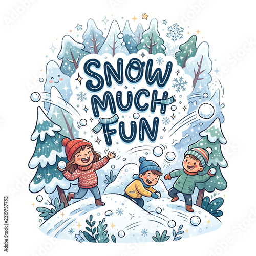 Happy children playing in the snow during the magical christmas season with a fun hand drawn illustration