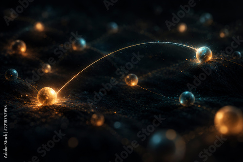Glowing teal and amber spheres connect across a dark, textured surface in an abstract, cinematic network of light.