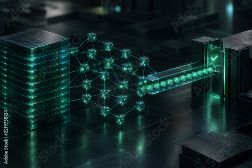 A glowing green network of cube-like data nodes links dark server blocks to a luminous check-mark gateway, reflecting on a glossy black floor in a futuristic cybersecurity scene.