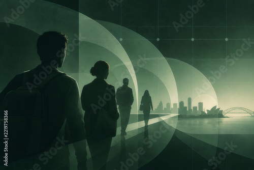 Four silhouetted commuters walk through a dark, futuristic passage toward a glowing waterfront skyline, framed by sweeping green arcs, soft sunrise haze, and reflective pavement.