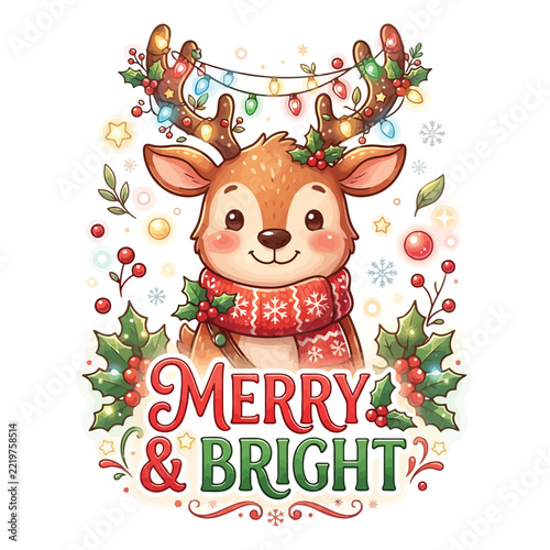 Cute cartoon reindeer wearing a red scarf with merry and bright text for christmas holiday greeting card design