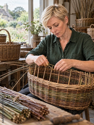 Craftswoman Weaving an Oval Willow Basket beside a Garden Window