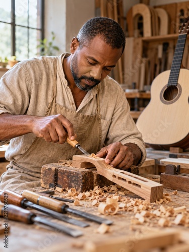 Guitar maker carving a wooden instrument component in a warm workshop