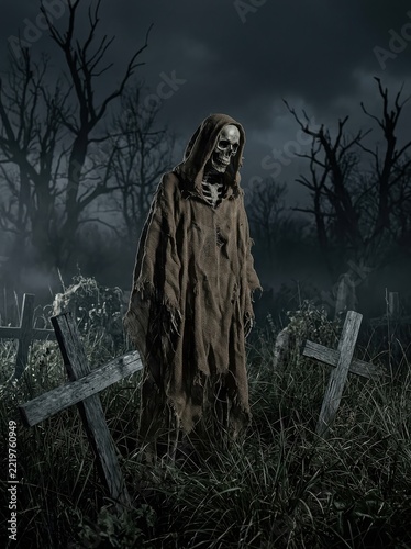 Spooky Grim Reaper Skeleton in Tattered Cloak Standing in a Dark Misty Graveyard with Wooden Crosses at Night