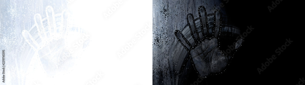 Fototapeta premium Handprint on foggy window with water droplets for horror and moody art in PNG, Transparent and Black Background Versions