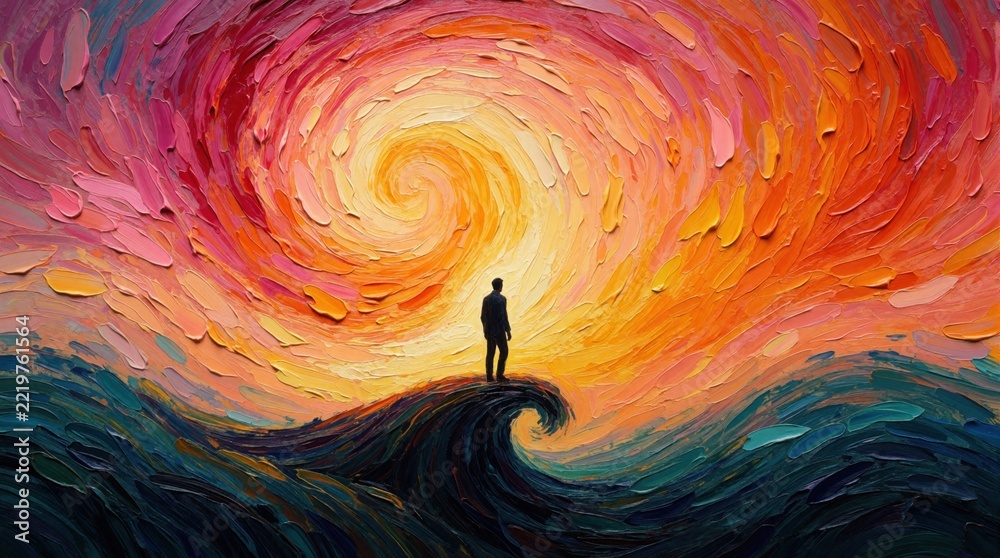 Fototapeta premium Abstract oil painting shows silhouette of man standing on huge ocean wave. Vibrant swirling sky with orange sun, colorful clouds above dark blue sea. Surreal landscape emotional journey, spiritual