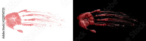 Bloody handprint dragged sideways with finger streaks for horror and crime art in PNG, Transparent and Black Background Versions