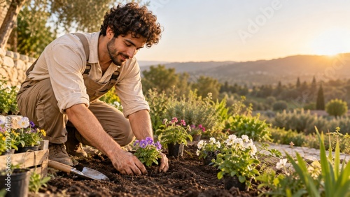 Man planting flower seedlings in a garden during warm afternoon light